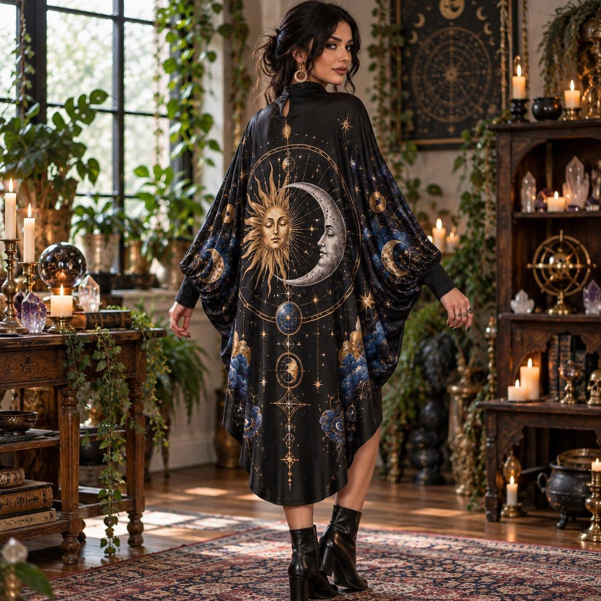 Cosmic Sun and Moon Celestial Batwing Dress – Witchy Astrology Midi – worn, three quarter view