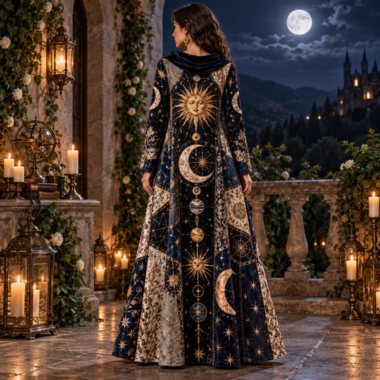Cosmic Sun and Moon Celestial Cowl Neck Dress โ Witchy Gold Star Maxi โ worn, back view