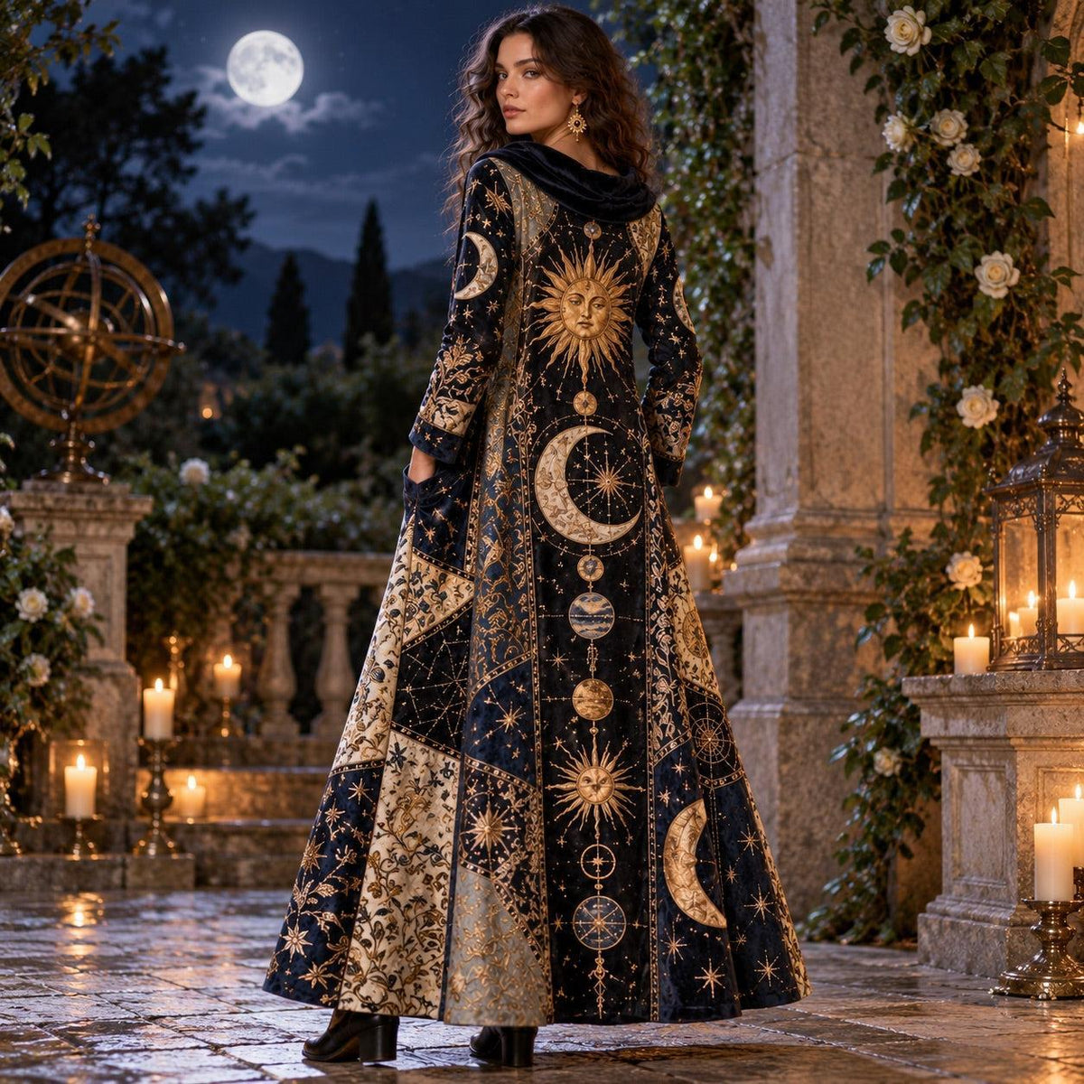 Cosmic Sun and Moon Celestial Cowl Neck Dress – Witchy Gold Star Maxi – worn, showing the side pocket