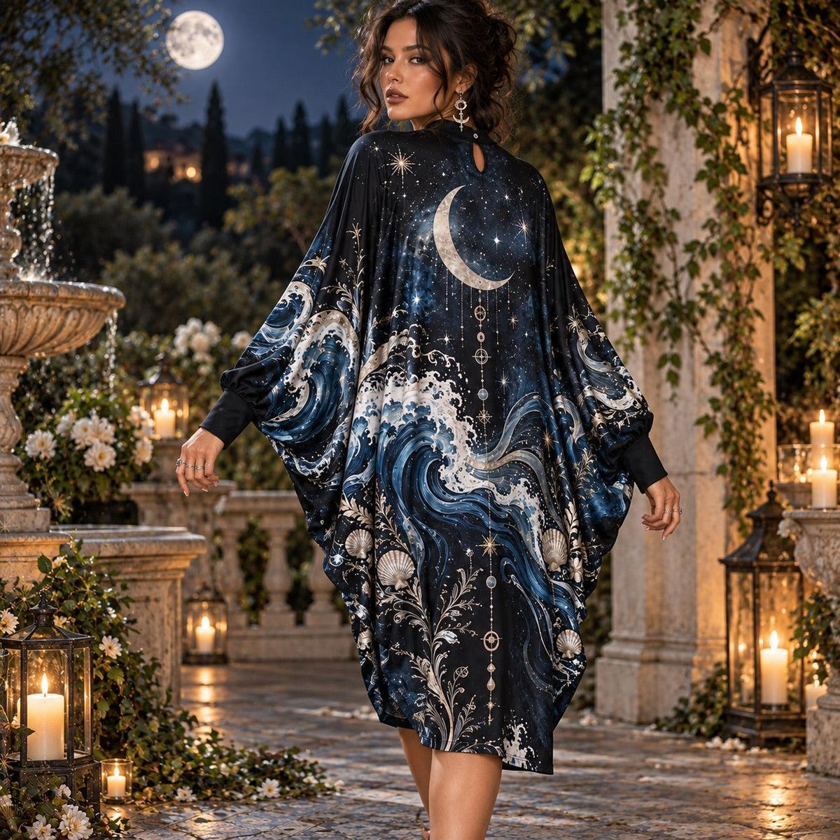 Crescent Moon Ocean Celestial Batwing Dress – Sea Witch Wave Midi – worn, back view