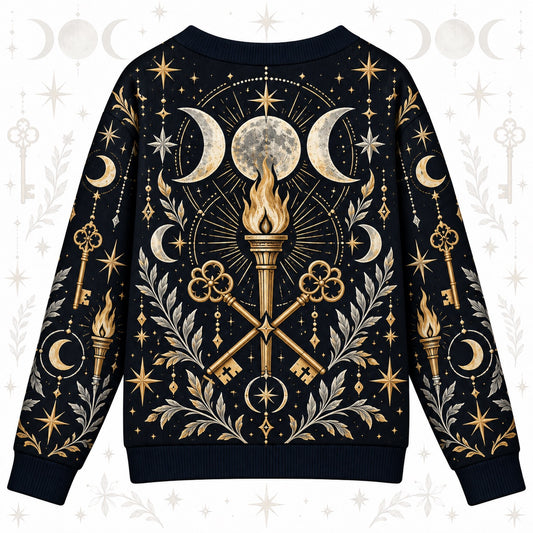 Crossed Keys Torch Hecate Cardigan for Women Triple Moon Pagan Sweater, back view