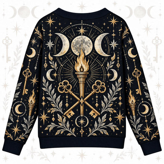 Crossed Keys Torch Hecate Cardigan for Women Triple Moon Pagan Sweater, back view