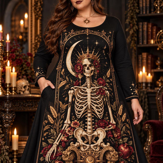 Crowned Skeleton Plus Size Witch Dress โ Gothic Rose Long Sleeve Maxi โ worn, showing the side pocket