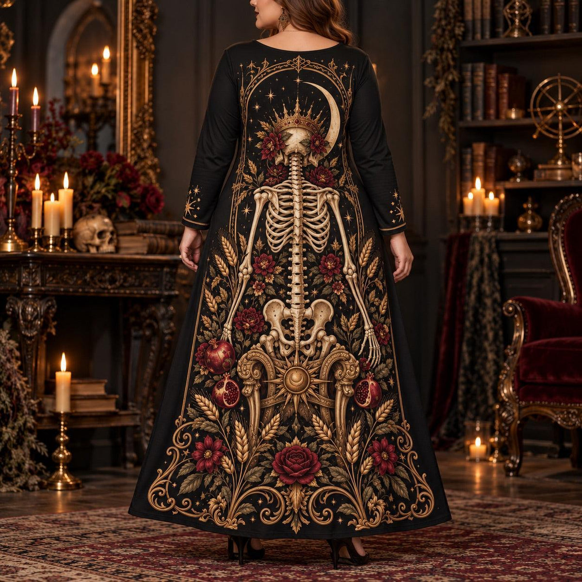 Crowned Skeleton Plus Size Witch Dress – Gothic Rose Long Sleeve Maxi – worn, back view