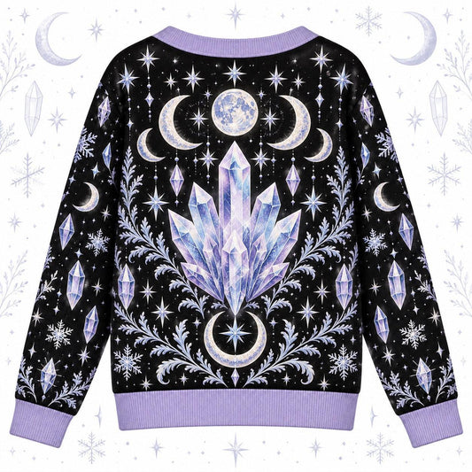 Crystal Cluster Moon Phase Witchy Cardigan for Women Lavender Celestial, back view