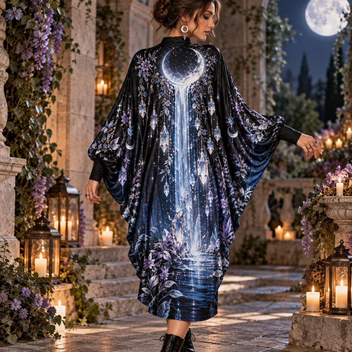 Crystal Moon Waterfall Celestial Batwing Dress – Witchy Gothic Midi – worn, back view