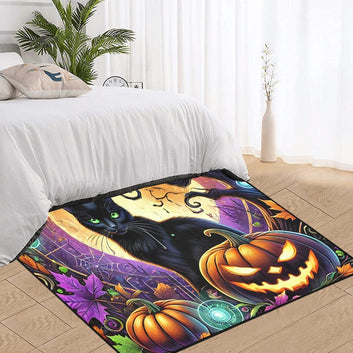 Pumpkin Black Cat Area Rug Witchy Cat Halloween Carpet-MoonChildWorld