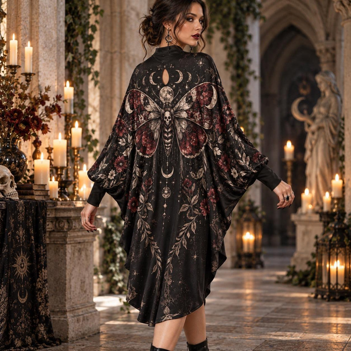 Death Moth Gothic Batwing Dress – Witchy Moon Phase Dark Floral Midi – worn, three quarter view