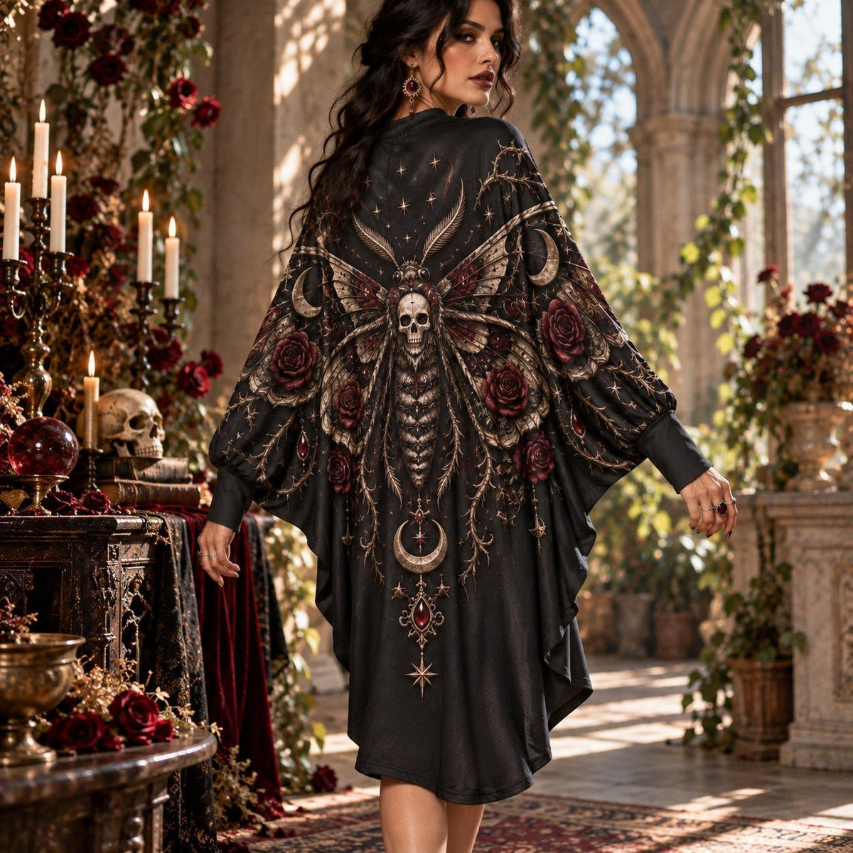 Death's-Head Moth Rose Gothic Batwing Dress – Thorn Moon Witchy Midi – worn, back view