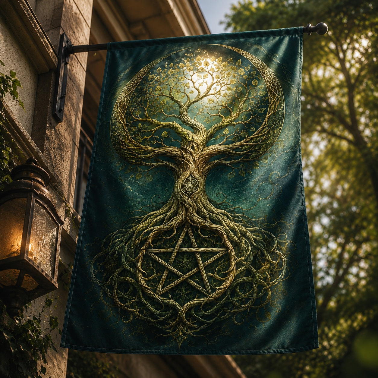 Tree of Life house flag mockup hanging outdoors as pagan decor