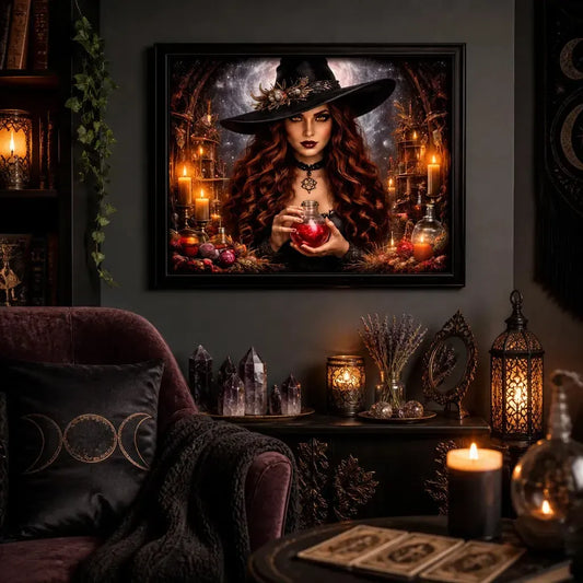 Mystical Gothic Witch Canvas Wall Art - Black Framed Print for Halloween_mockup_1.webp