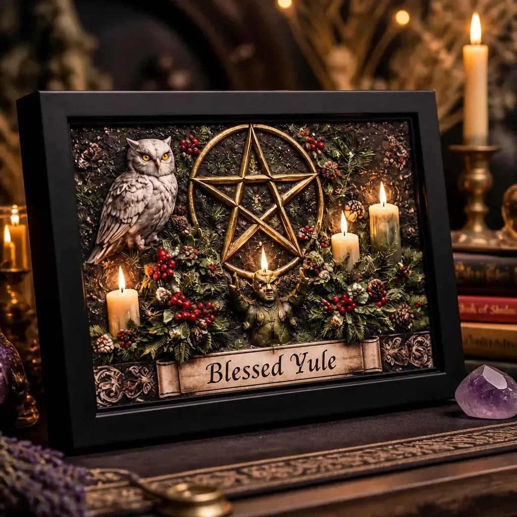 Pagan Pentacle & Owl Canvas Wall Art for Yule - Black Framed Art Print Wiccan Wall Decor_mockup_3.webp
