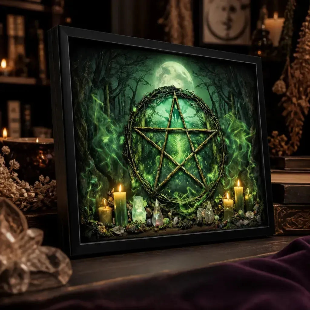 Gothic Pagan Pentacle Art Print - Black Framed Canvas Wall Decor for Witchy Halloween_mockup_3.webp
