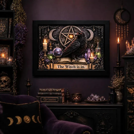 Triple Moon & Black Raven Witchy Art Print - Gothic Crow Black Framed Canvas Wall Art for Wiccan Home Decor_mockup_1.webp