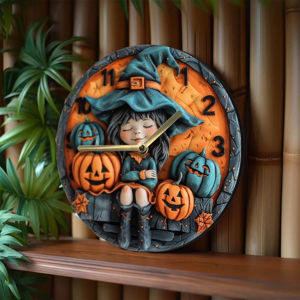 Wooden wall clock with a witch and pumpkin for Halloween decor - Witchy Wall Clock-MoonChildWorld