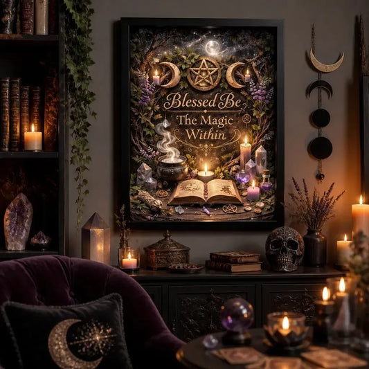 Wiccan Canvas Wall Art with Triple Moon - Black Framed Pagan Print for Witch Home Decor_mockup_1.webp