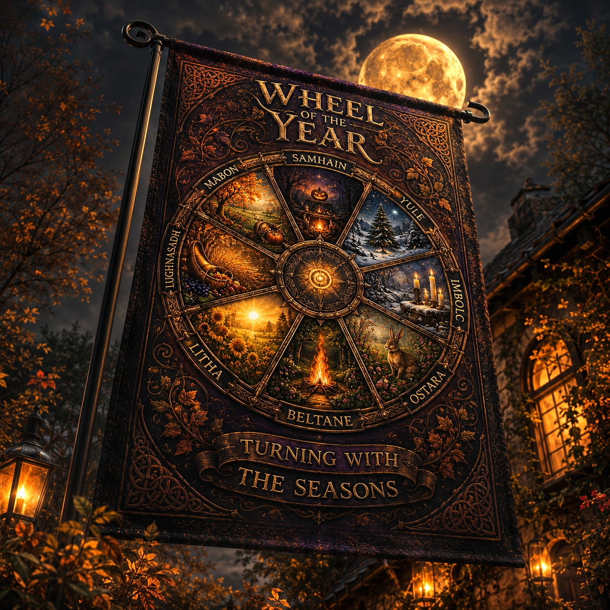 Wheel of the Year house flag mockup hanging outdoors as pagan decor