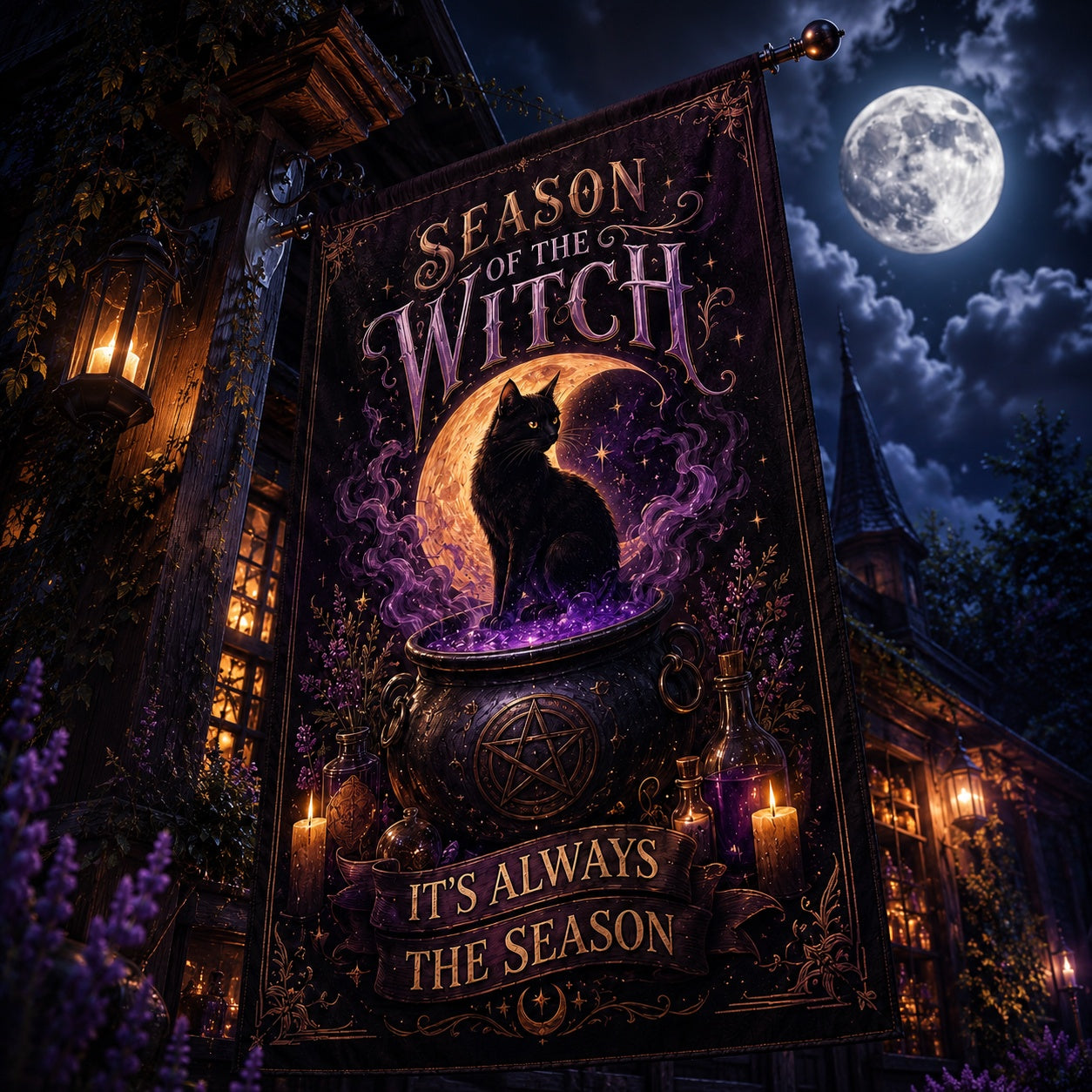 Season of the Witch house flag mockup hanging outdoors as year-round decor