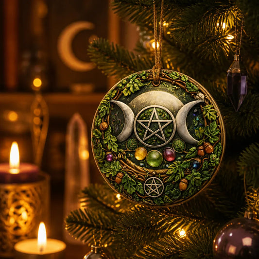 Pentacle Triple Moon Yule Ceramic Ornament – Pagan Yule Ornament_mockup_1.webp