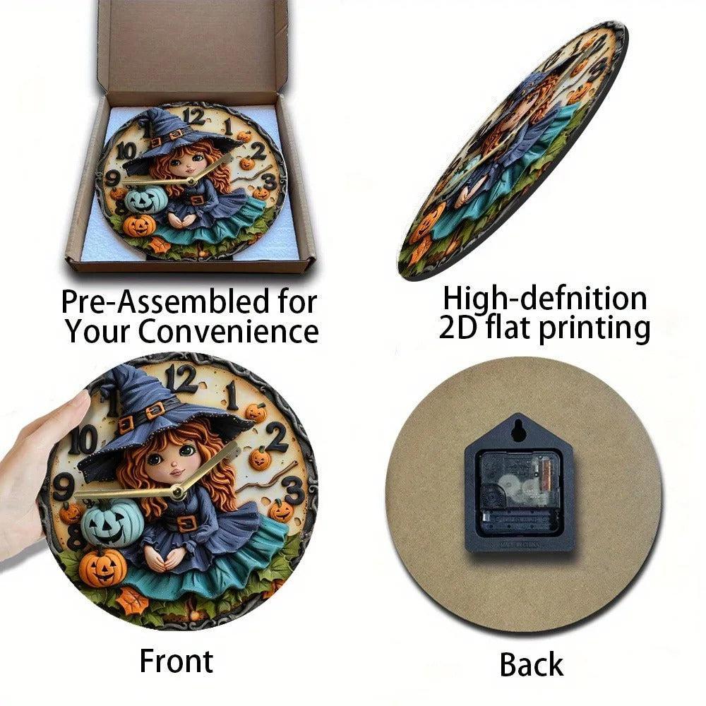 Wooden wall clock with a witch and pumpkin for Halloween decor - Witchy Wall Clock-MoonChildWorld