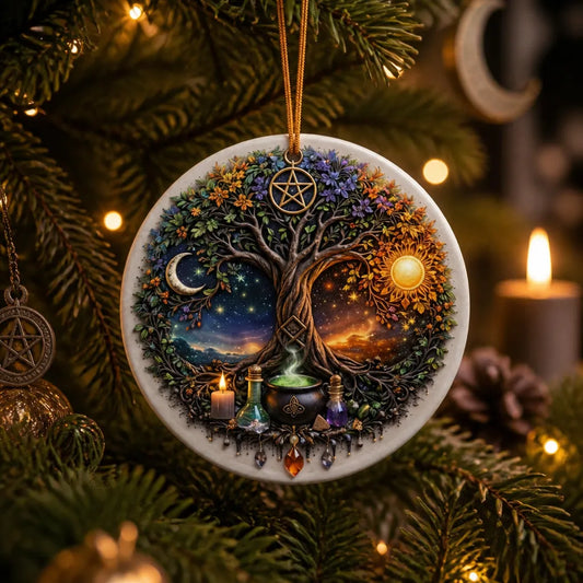 Wiccan Goddess Sun and Moon Yule Ceramic Ornament – Pagan Yule Decor_mockup_1.webp