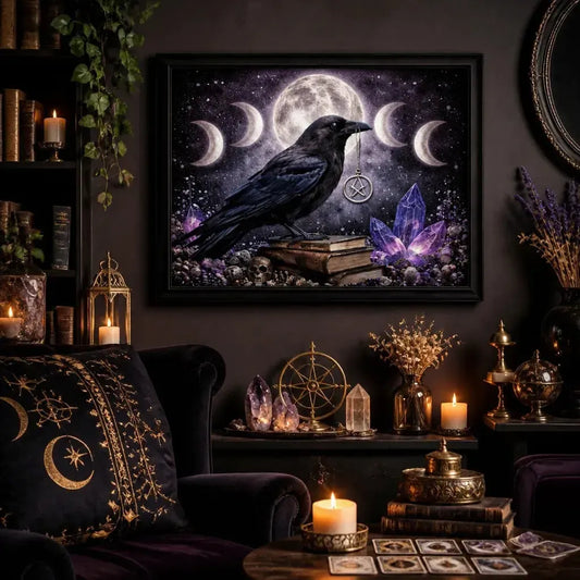 Moon Phase Raven Witchy Wall Art - Wiccan Crow Black Framed Canvas Print for Dark Academia Halloween Decor_mockup_1.webp