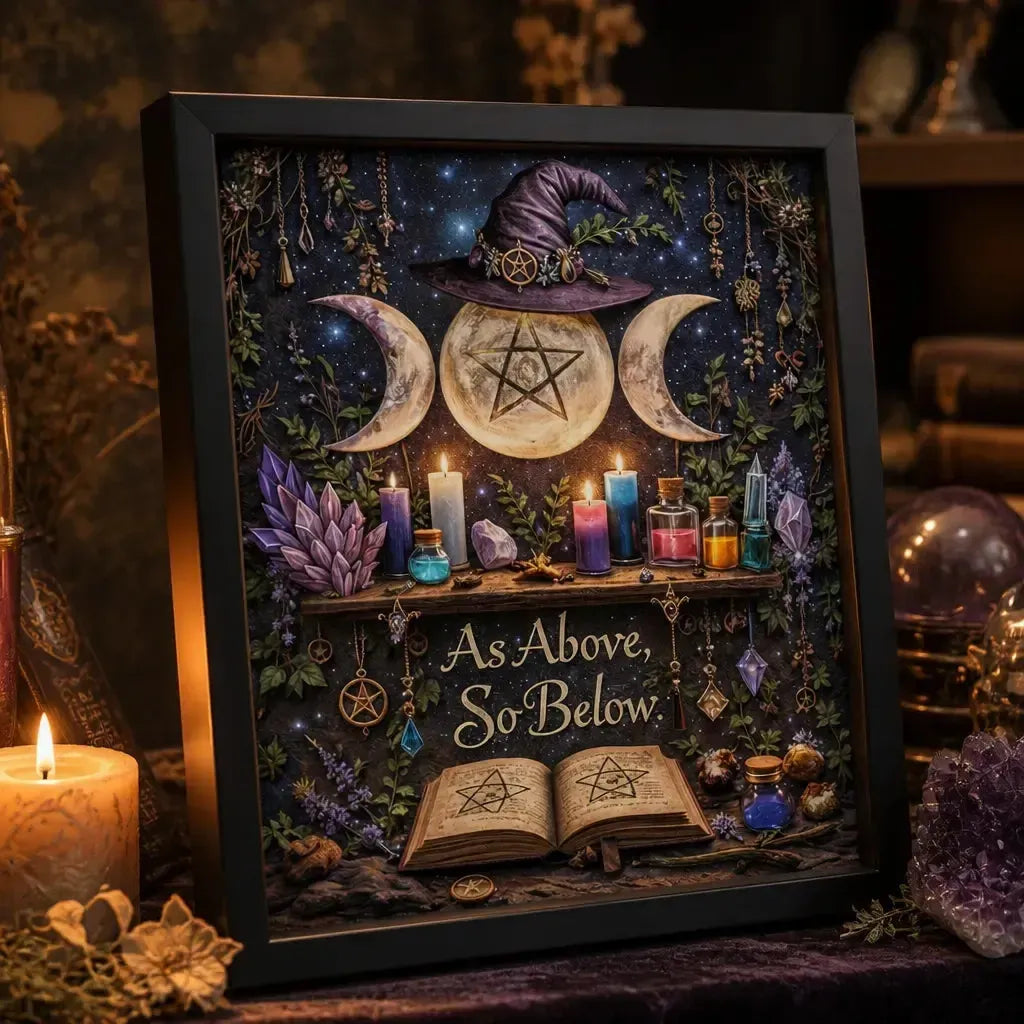 Triple Moon Wicca Black Framed Art Print - Witchy Canvas Wall Art for Pagan Home Decor_mockup_3.webp
