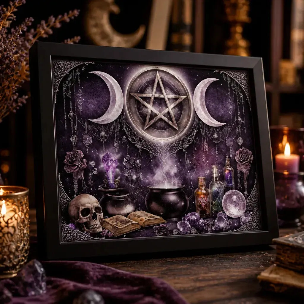 Black Framed Triple Moon Witchy Wall Art - Wiccan Canvas Print for Gothic Spiritual Decor_mockup_3.webp