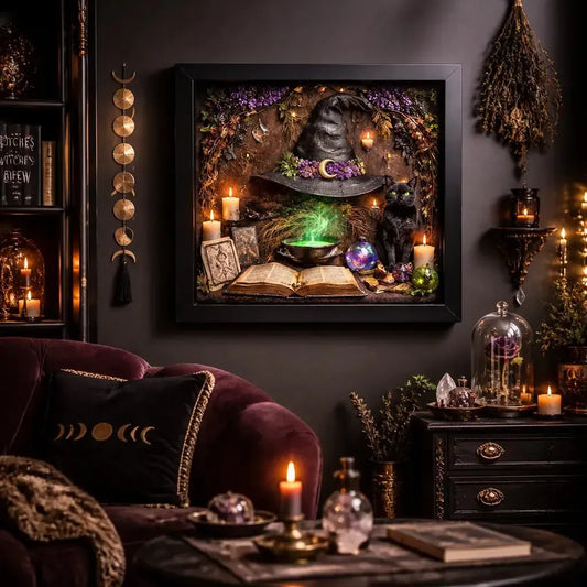 Witch Hat Black Cat Halloween Decor - Gothic Black Framed Art Print Canvas for Dark & Mystical Spaces_mockup_1.webp