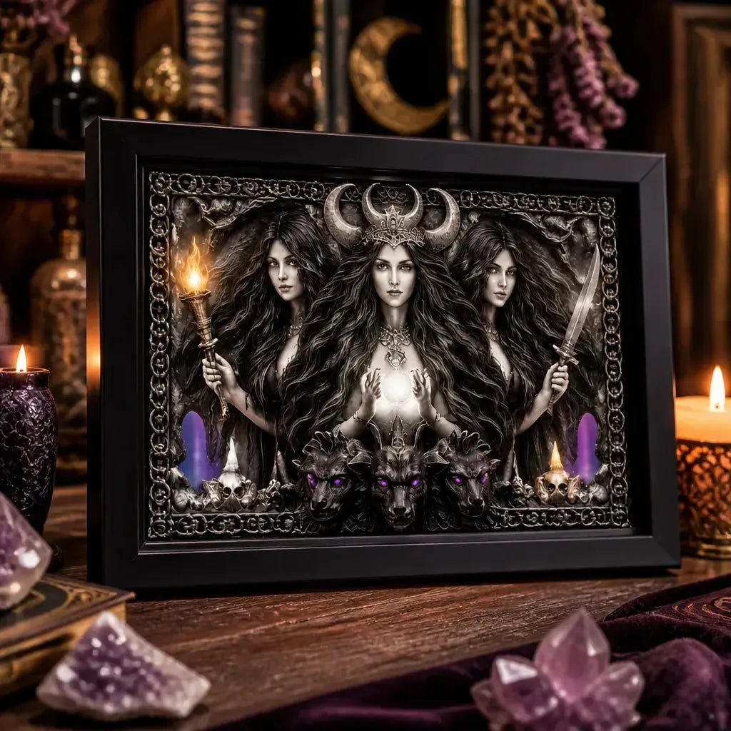 Gothic Triple Moon Goddess Canvas Print - Pagan Black Framed Wall Art for Altar & Meditation Room_mockup_3.webp