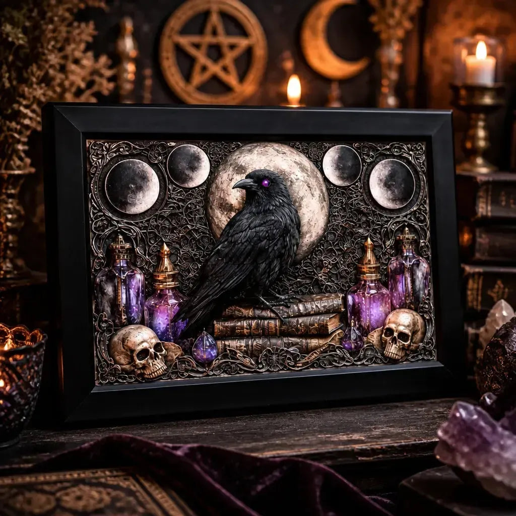 Gothic Raven Canvas Print with Moon Phase - Black Framed Wall Art for Witchy Halloween & Gothic Decor_mockup_3.webp