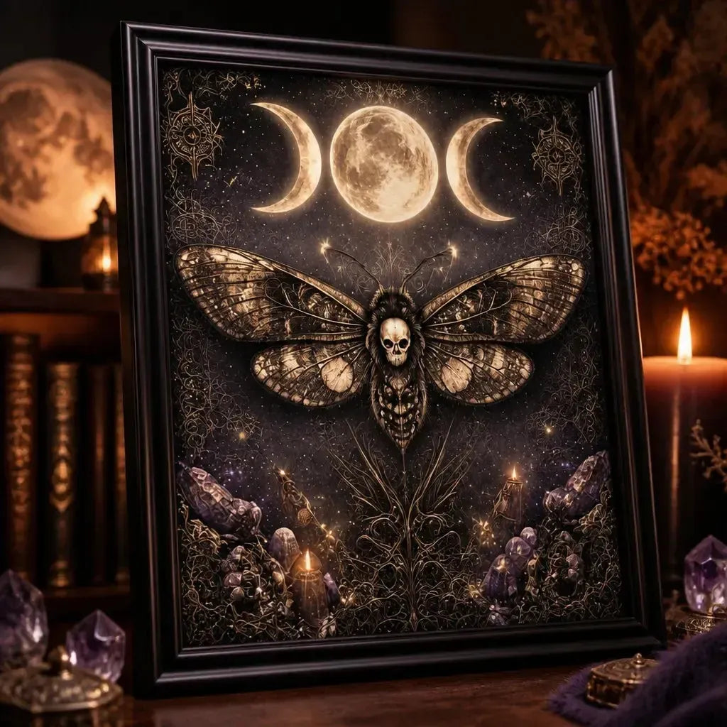 Witchy Triple Moon Death Moth Wall Decor - Gothic Black Framed Canvas Print for Halloween Decor_mockup_3.webp