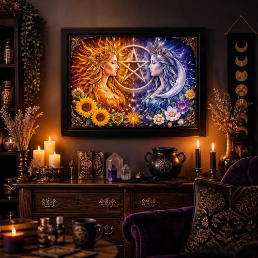 Pagan Sun Moon Celestial Goddess Print with Pentacle - Black Framed Canvas Wall Art for Wiccan Home Decor_mockup_1.webp