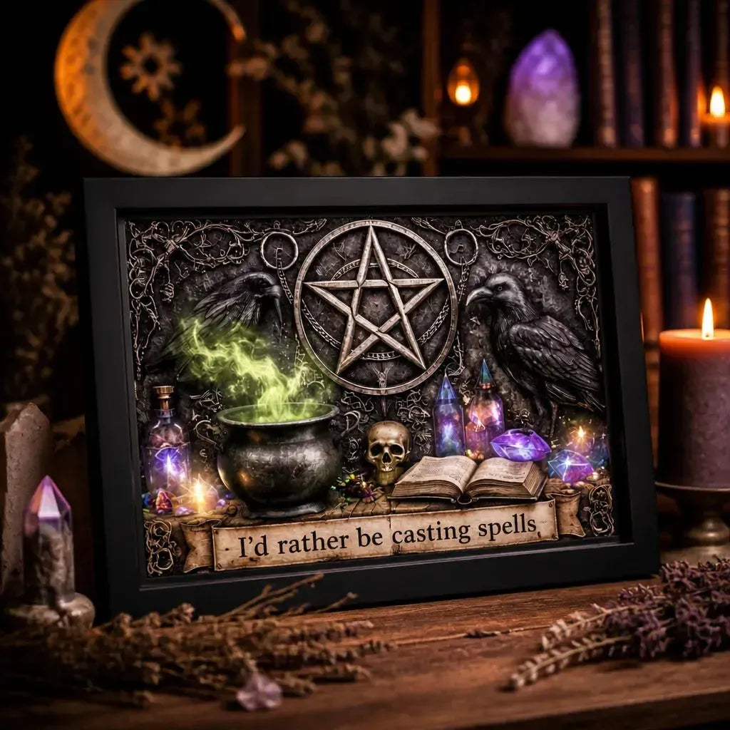 Wiccan Pentacle Wall Art with Raven - Black Framed Canvas Print for Halloween Gothic Spiritual Decor_mockup_3.webp
