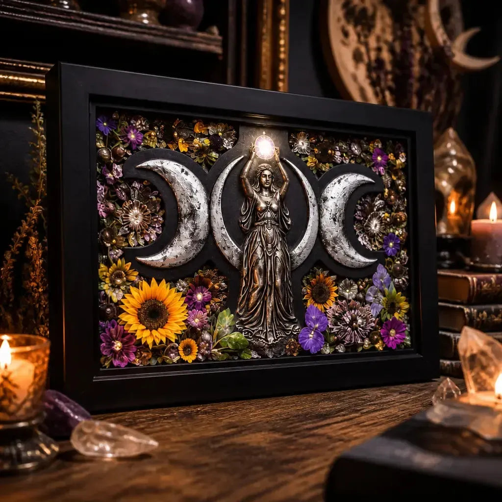 Pagan Triple Moon Goddess Wall Art - Black Framed Canvas Print for Wiccan Altar Decor_mockup_3.webp