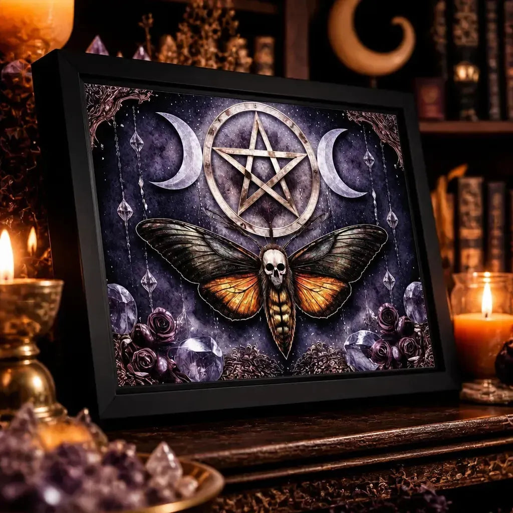 Death Moth Gothic Decor with Triple Moon - Halloween Black Framed Art Print Canvas for Witch Home Decor_mockup_3.webp