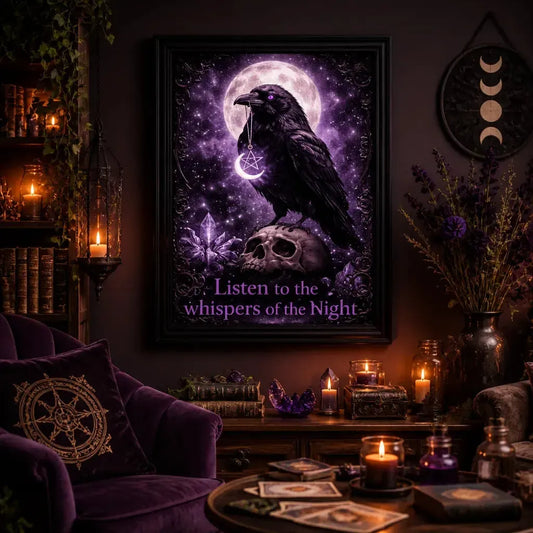 Witchy Raven Black Framed Art Print - Dark Crow Skull Canvas Wall Art Halloween Decor_mockup_1.webp