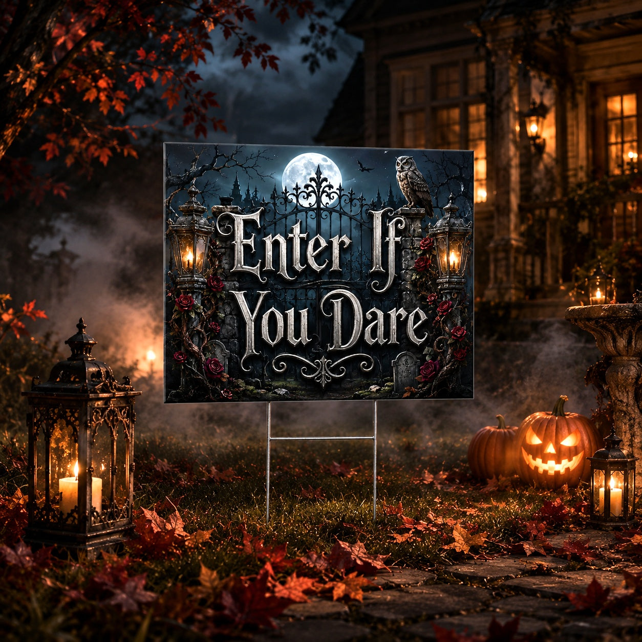 Enter If You Dare Gothic Witchy Halloween Yard Sign - porch scene