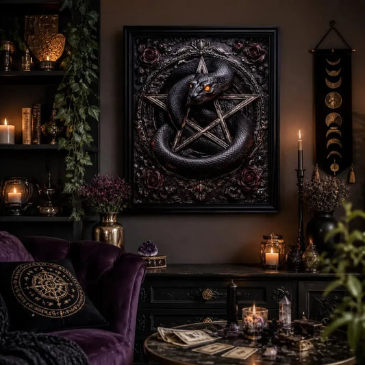 Witchy Gothic Halloween Decor - Pentagram Snake Witchcraft Black Framed Art Print Canvas for Dark Mystical Spaces_mockup_1.webp