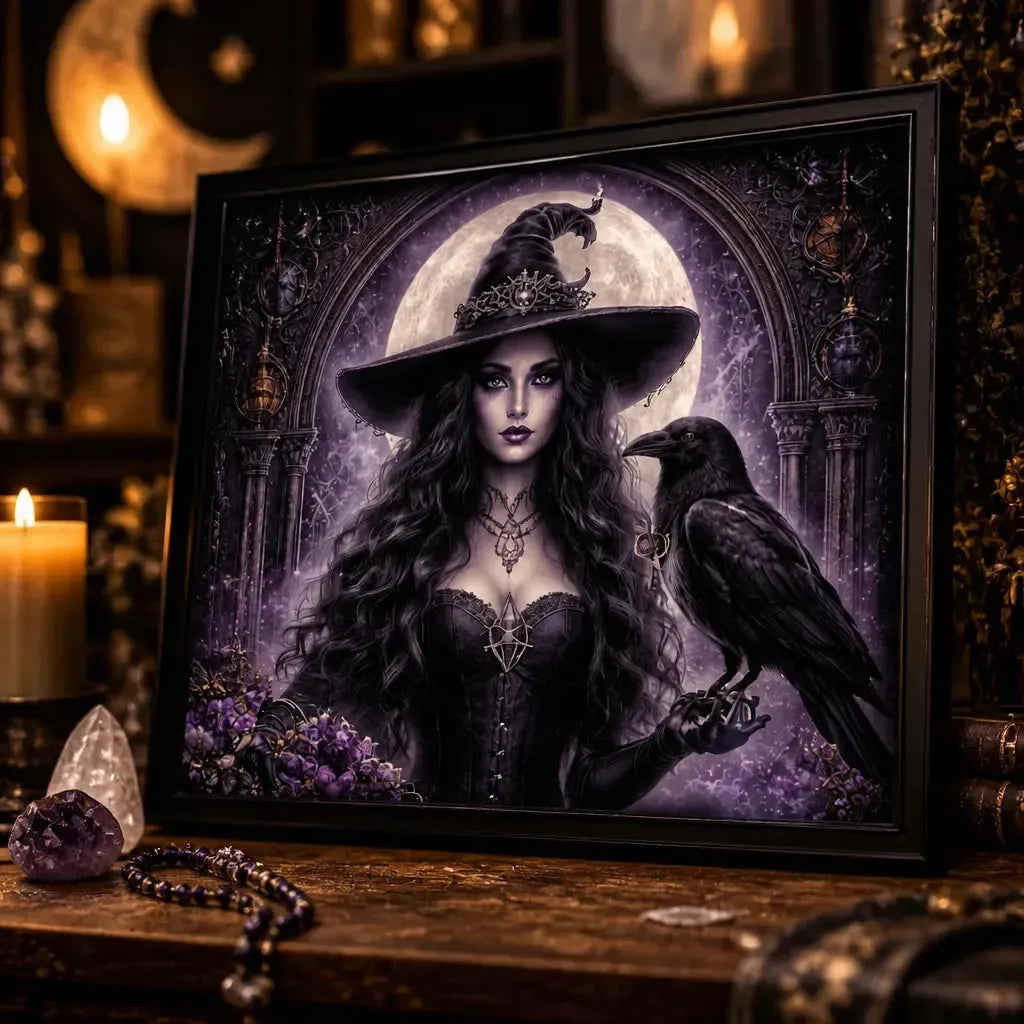 Dark Witch Aesthetic Print with Raven - Gothic Black Framed Canvas Art for Halloween Wall Decor_mockup_3.webp