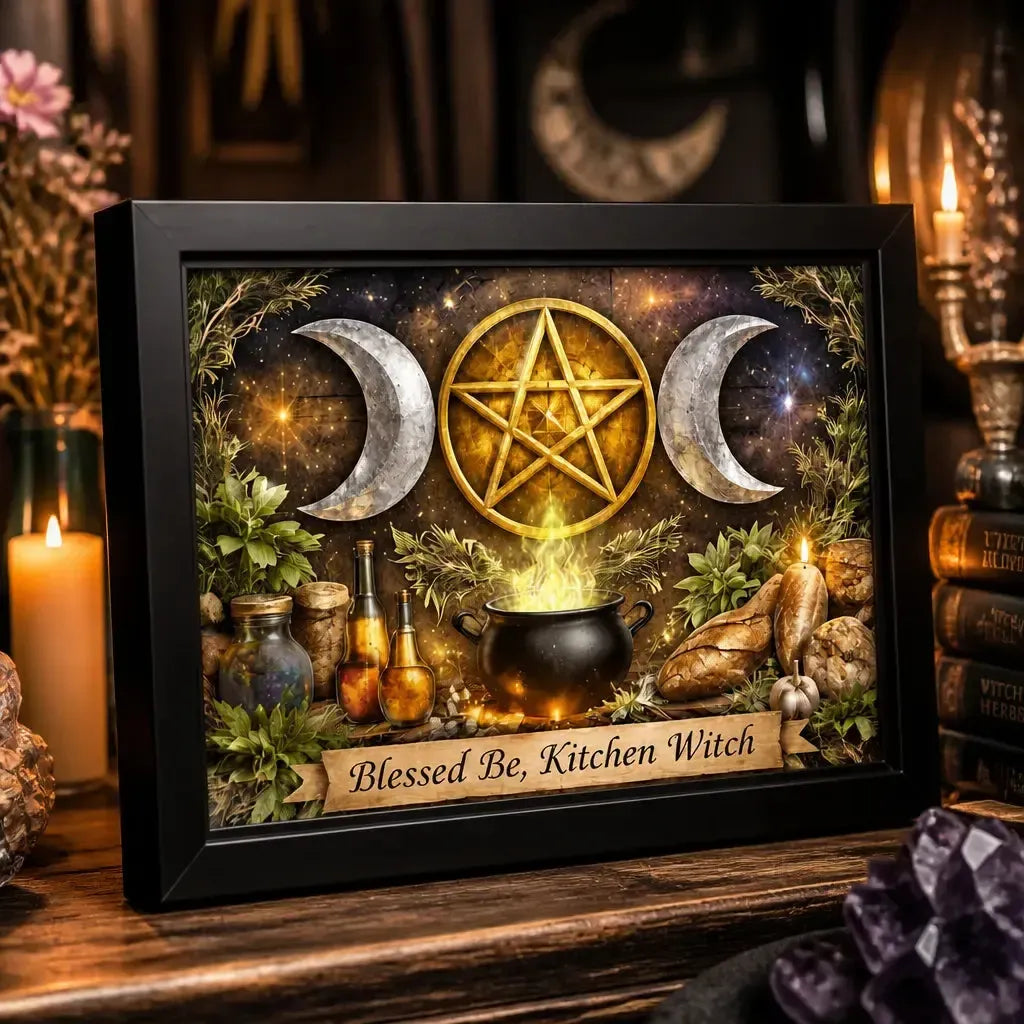 Sacred Triple Moon Wicca Wall Art - Black Framed Witchy Canvas for Pagan Home Decor_mockup_3.webp