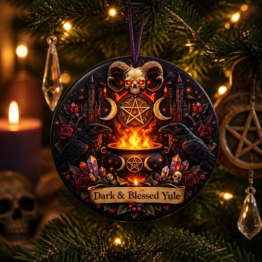 Gothic Raven & Skull Yule Ceramic Ornament – Dark Christmas Tree Decoration_mockup_1.webp