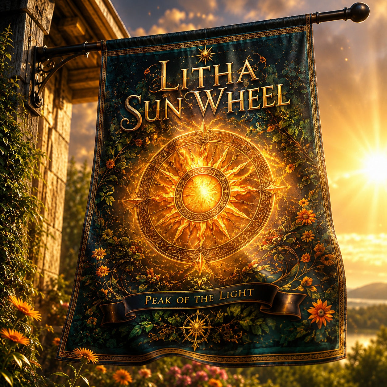 Litha Sun Wheel house flag mockup hanging outdoors as pagan summer decor