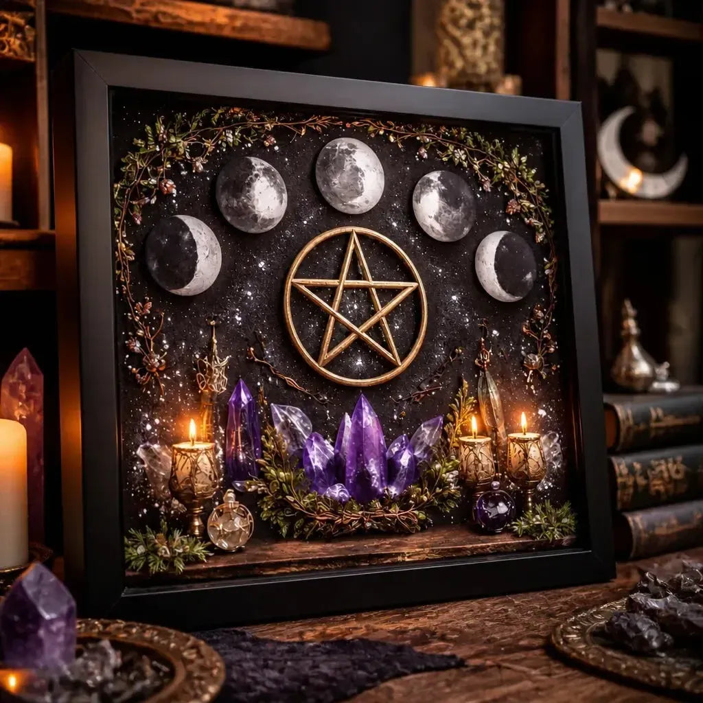 Moon Phases Pentacle Wicca Black Framed Wall Art - Pagan Canvas for Altar & Spiritual Space_mockup_3.webp