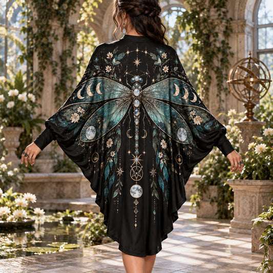 Dragonfly Moon Celestial Batwing Dress โ Witchy Pentagram Gothic Midi โ worn, back view
