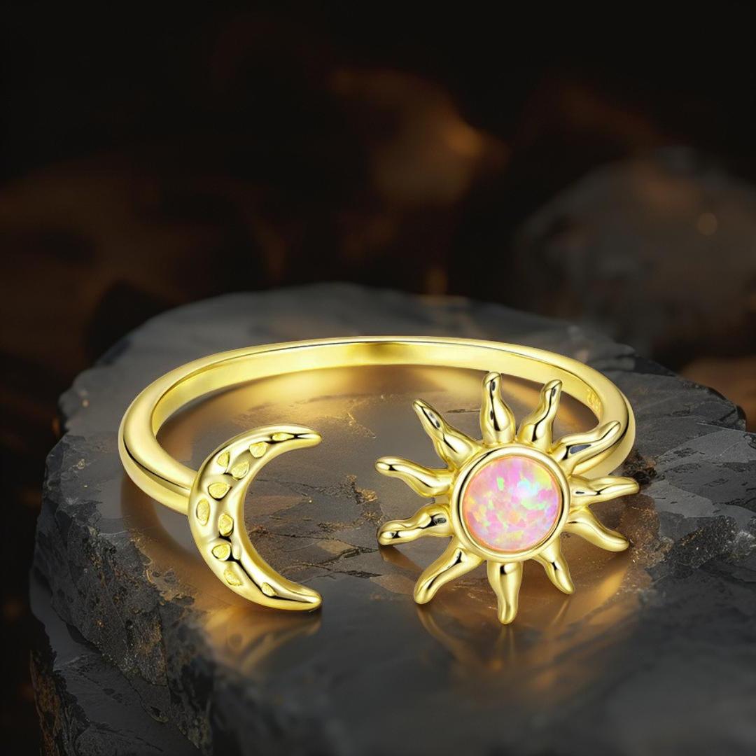 Pink Opal Sun and Moon Ring Celestial Jewelry-MoonChildWorld
