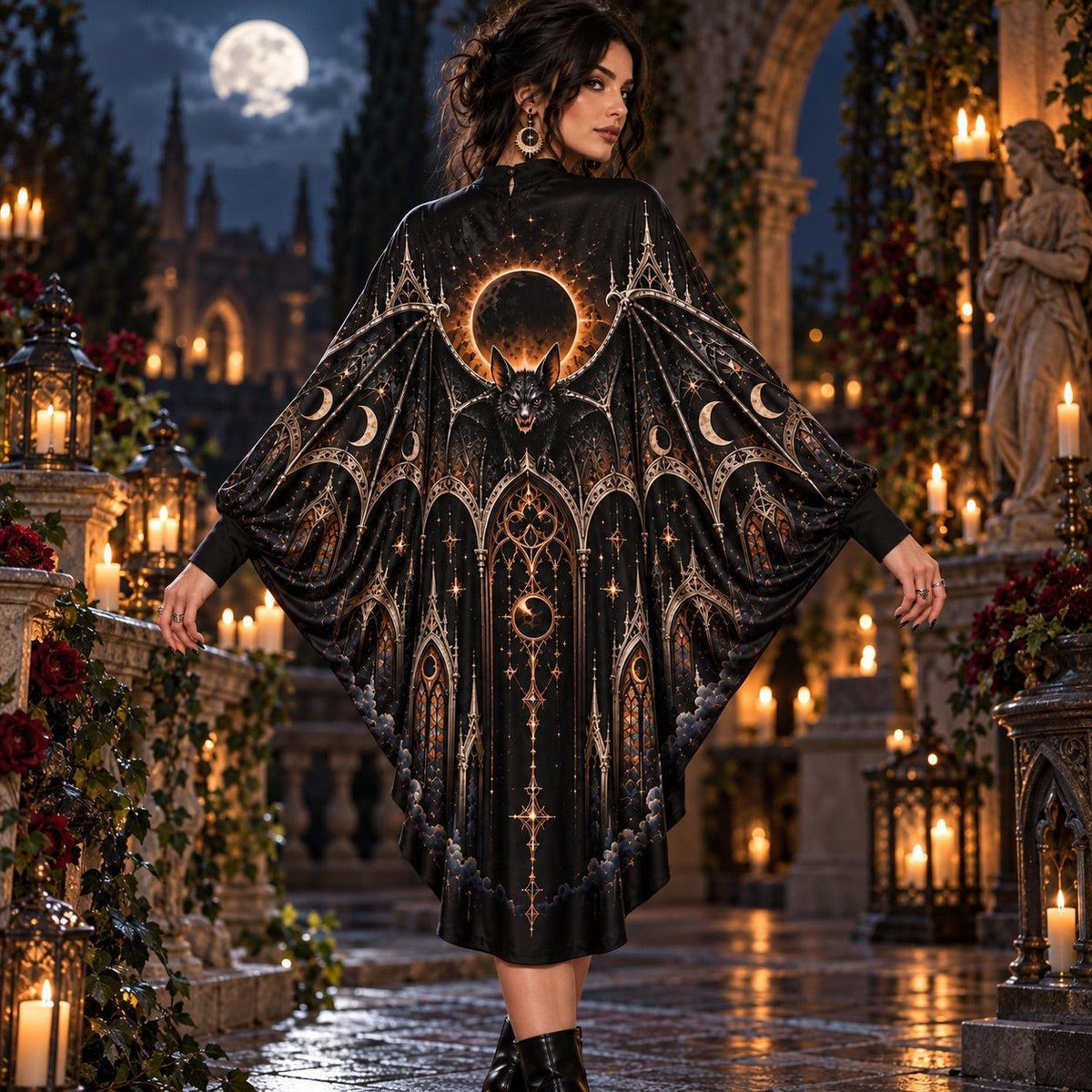Eclipse Bat Cathedral Gothic Batwing Dress – Witchy Halloween Midi – worn, back view