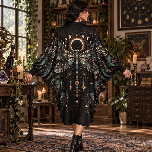 Eclipse Dragonfly Celestial Batwing Dress – Witchy Gothic Moon Midi – worn, back view