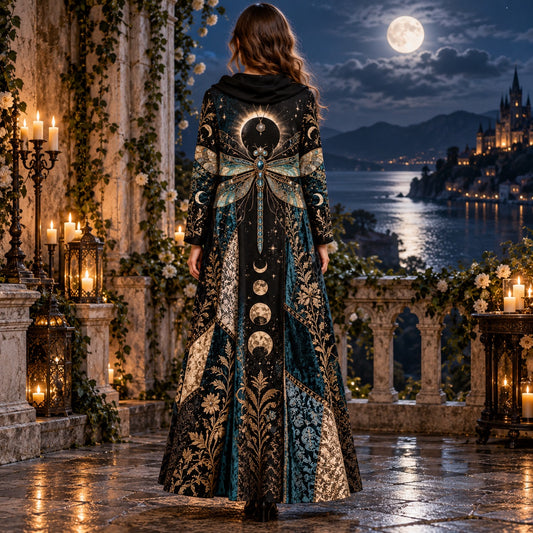 Eclipse Dragonfly Celestial Cowl Neck Dress โ Witchy Moon Maxi โ worn, back view