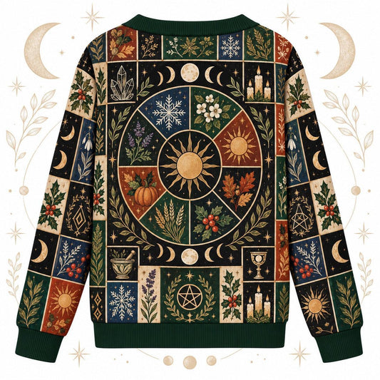 Eight Sabbat Sun Wheel Pagan Cardigan for Women Cauldron Patchwork, back view